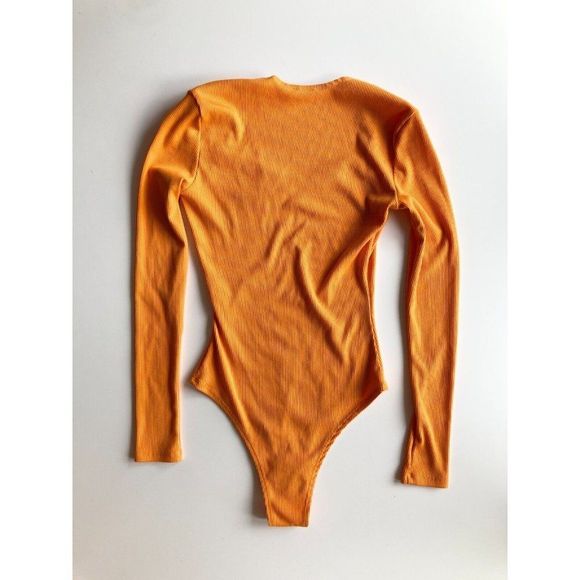 AVEC LES FILLES Orange Ribbed Knit Sweetheart Neckline Cheeky Bodysuit, Size S - Picture 6 of 13